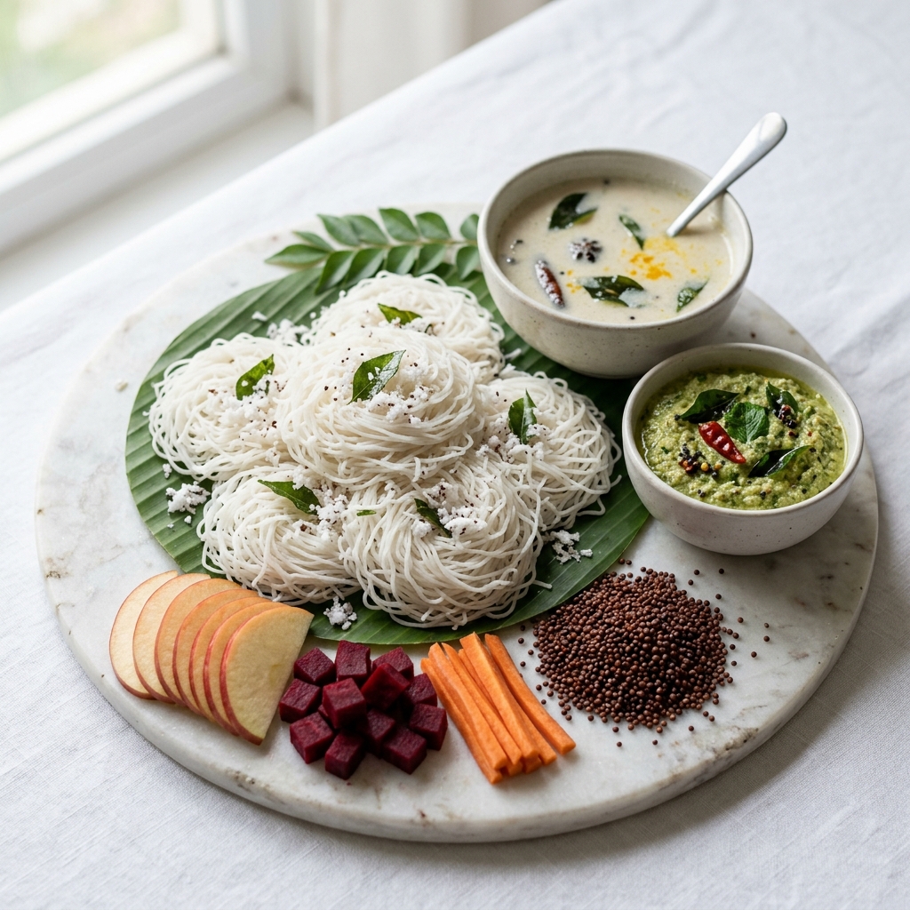 Plated Fresh White Idiyappam with ABC Ingredients